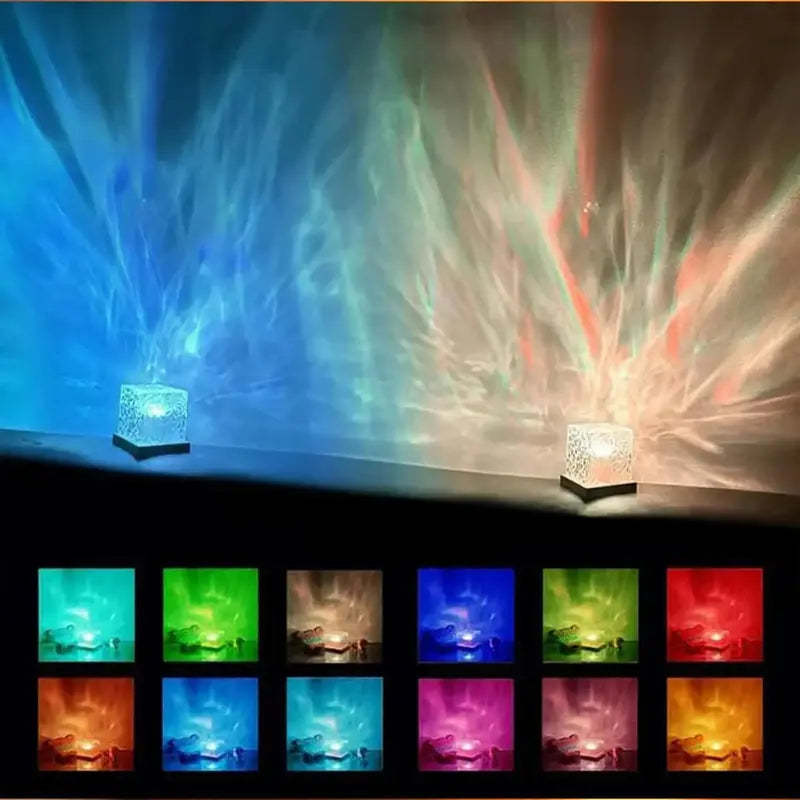 16-Color LED Aurora Projector Night Light – Crystal Water Ripple Lamp, Remote Control, USB Powered Home Decor Gift