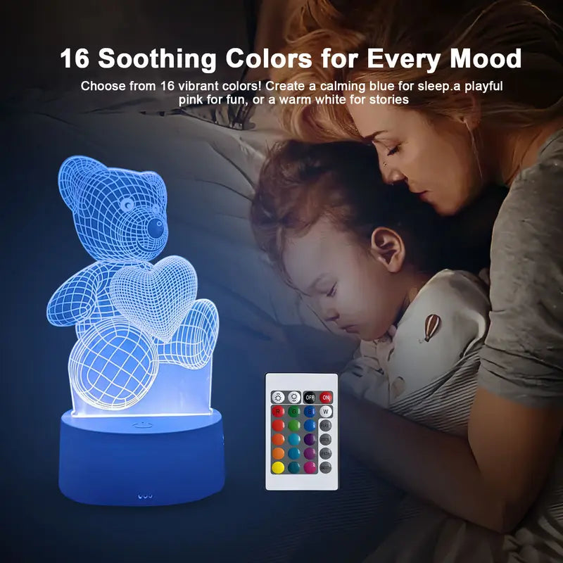 3D LED Bear Night Light 16 Colors RGB Changing USB Desk Lamp Cute Acrylic Illusion Nightlight Kids Bedroom Decor Christmas Birthday Gift