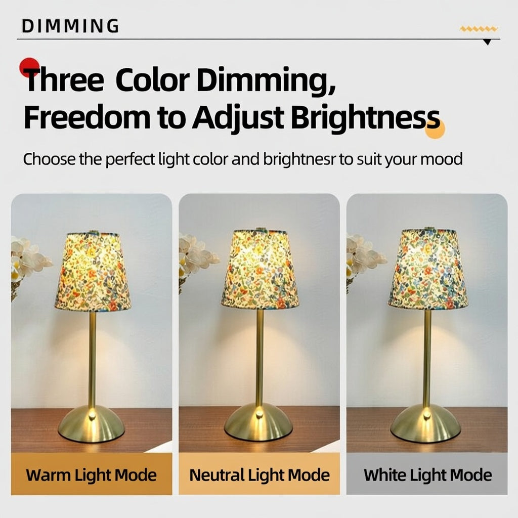 Vintage Floral Fabric Table Lamp - Touch Dimmable Brass Bedside Lamp, 3 Color Modes