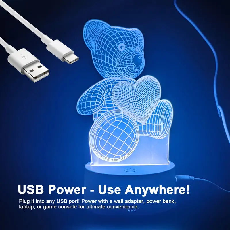 3D LED Bear Night Light 16 Colors RGB Changing USB Desk Lamp Cute Acrylic Illusion Nightlight Kids Bedroom Decor Christmas Birthday Gift