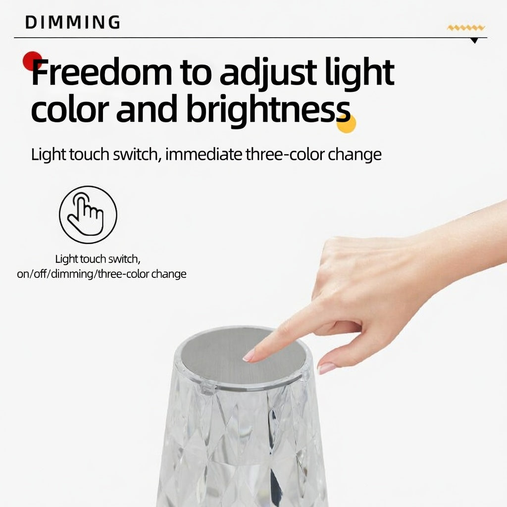 Crystal Diamond Table Lamp | 3-Color Touch Dimming LED Bedside Light