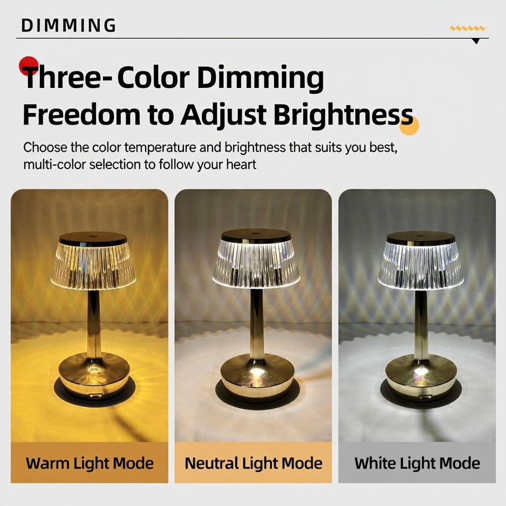 Crystal Touch Table Lamp Rechargeable Dimmable 3 Color LED Bedside Nightstand Light