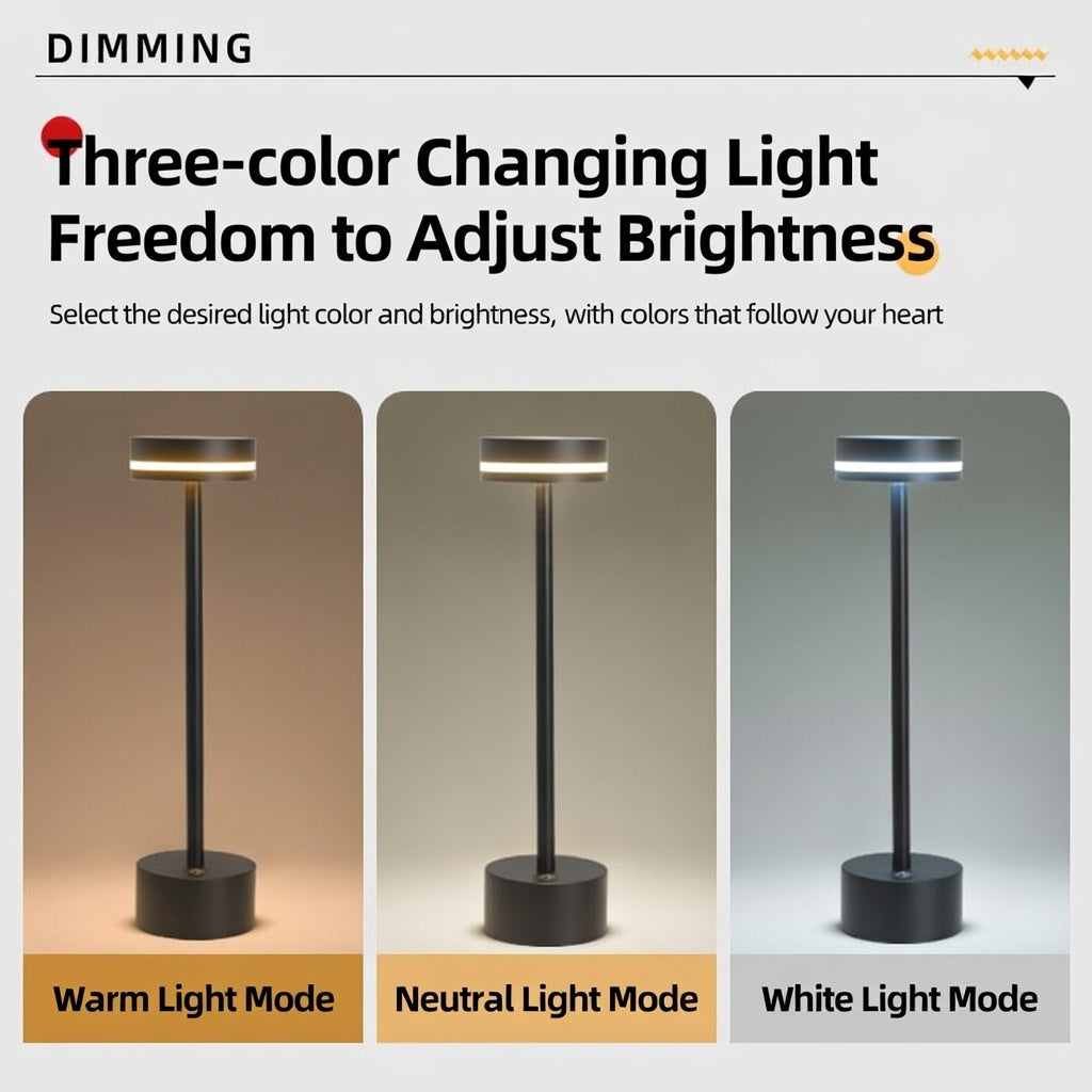 Cordless Rechargeable LED Table Lamp Touch Control 3 Color Temperatures Dimmable Bedside Lamp