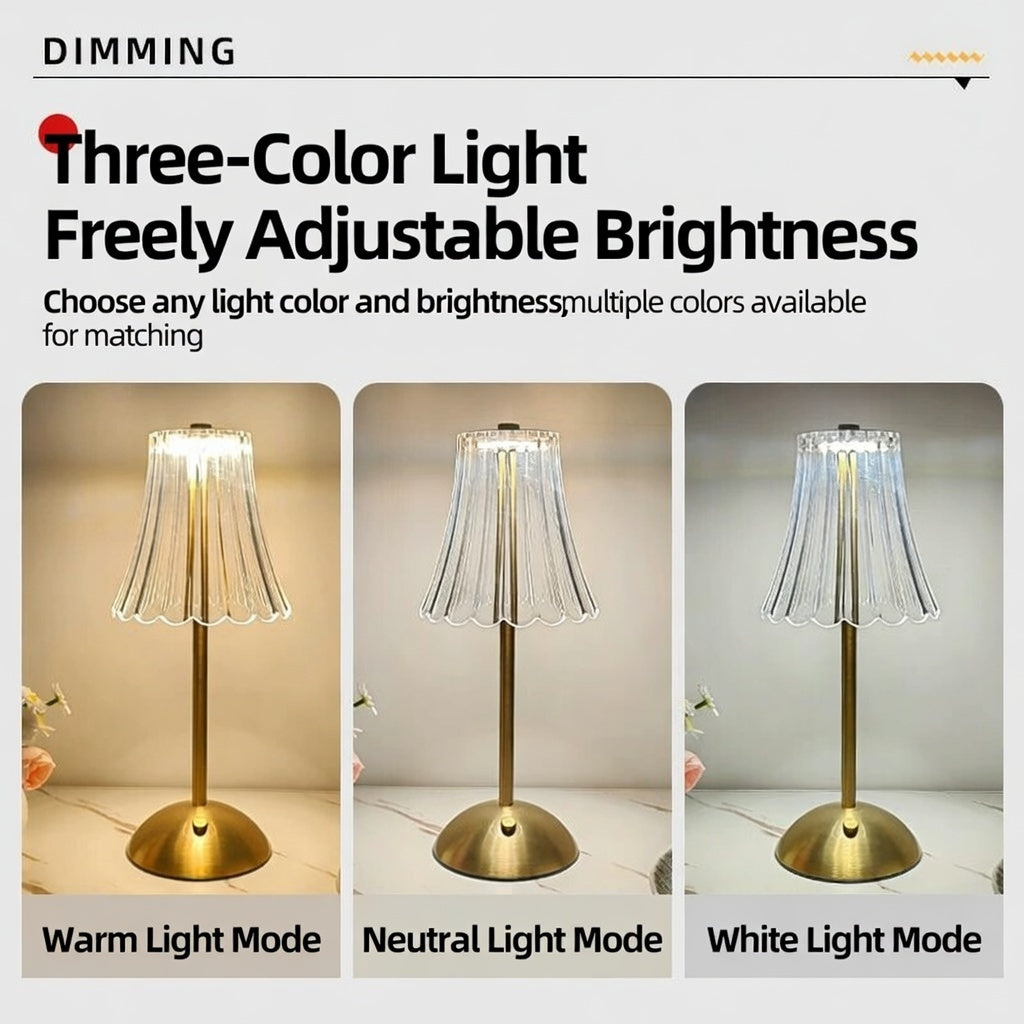 Crystal Touch Rechargeable Bedside Lamp 3 Color Dimmable Cordless Gold