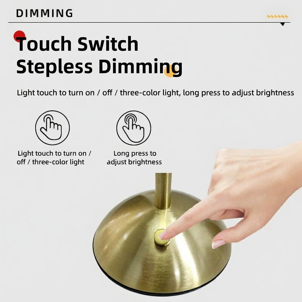 Crystal Touch Rechargeable Bedside Lamp 3 Color Dimmable Cordless Gold