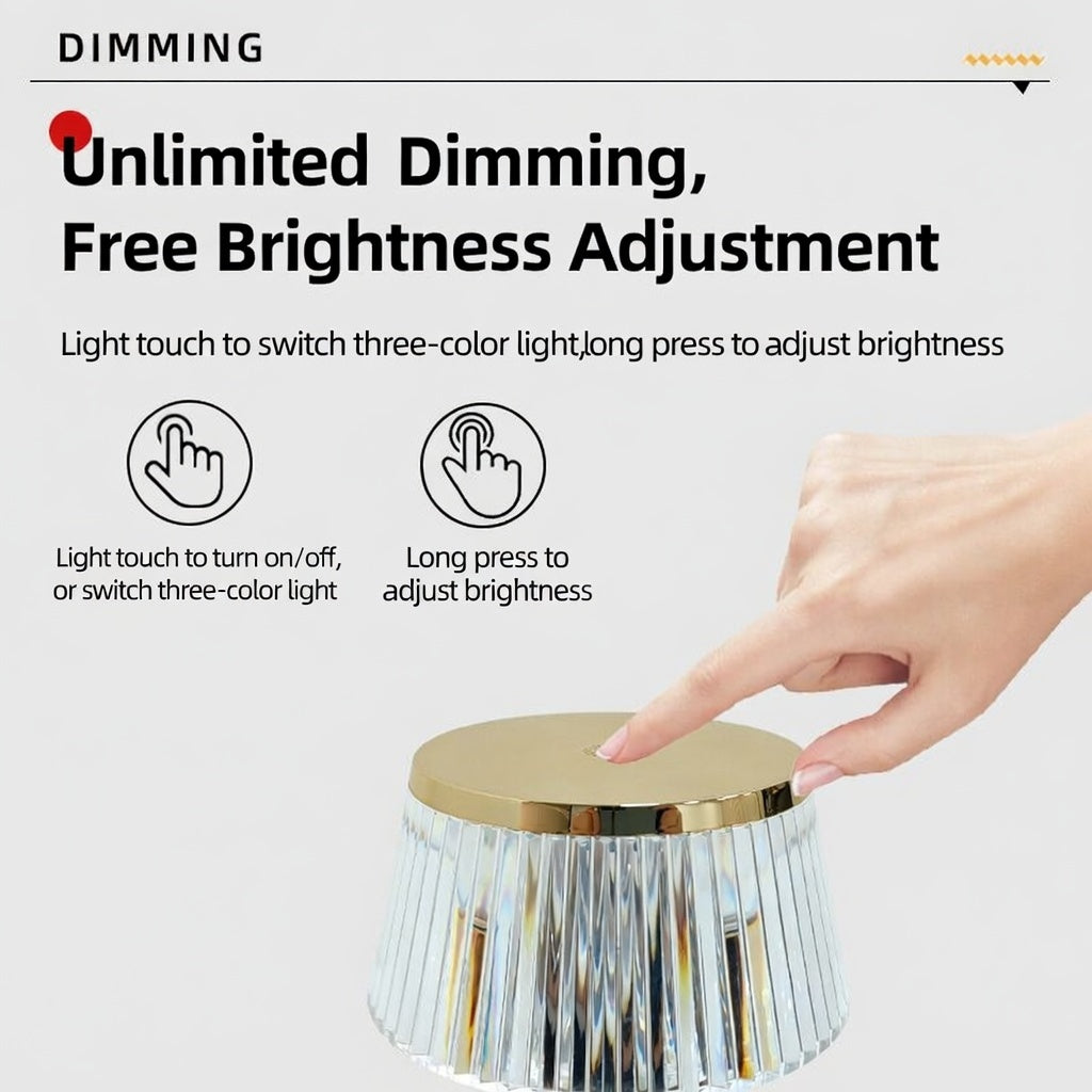 Crystal Touch Table Lamp Rechargeable Dimmable 3 Color LED Bedside Nightstand Light