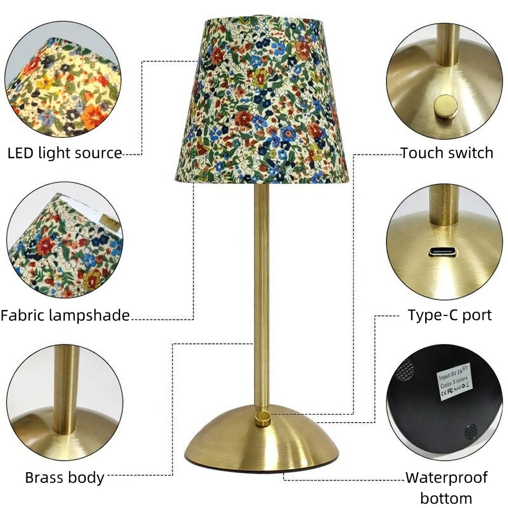 Vintage Floral Fabric Table Lamp - Touch Dimmable Brass Bedside Lamp, 3 Color Modes