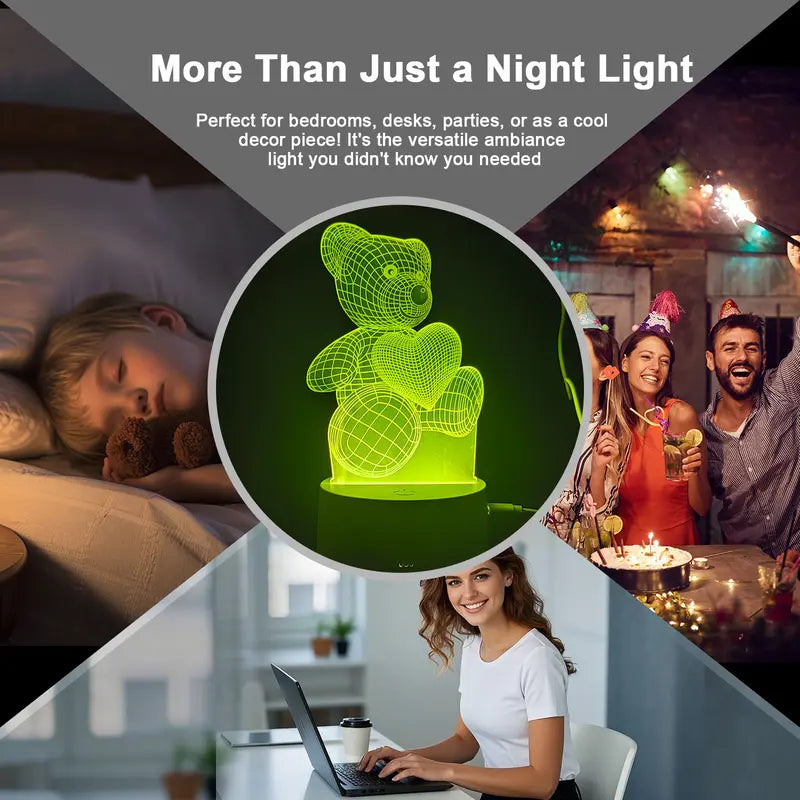 3D LED Bear Night Light 16 Colors RGB Changing USB Desk Lamp Cute Acrylic Illusion Nightlight Kids Bedroom Decor Christmas Birthday Gift
