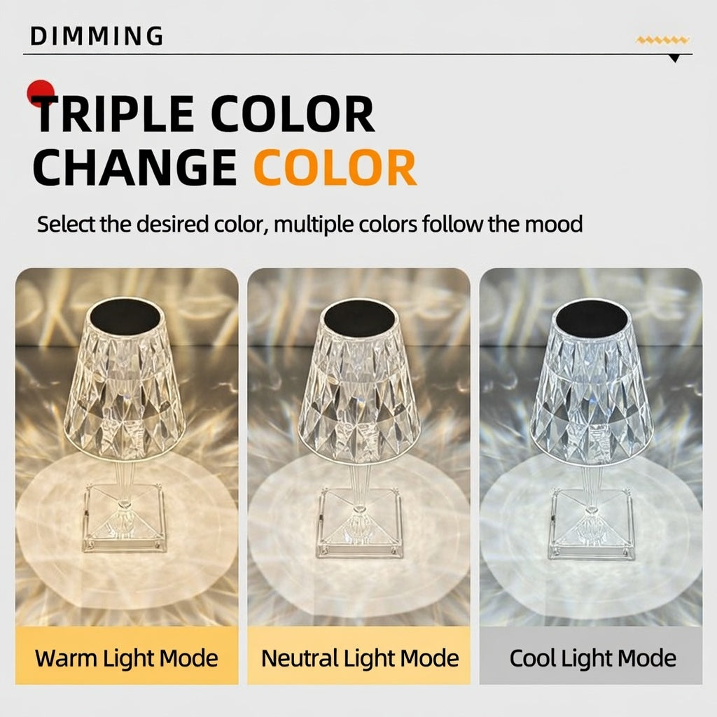 Crystal Diamond Table Lamp | 3-Color Touch Dimming LED Bedside Light