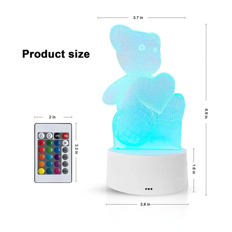 3D LED Bear Night Light 16 Colors RGB Changing USB Desk Lamp Cute Acrylic Illusion Nightlight Kids Bedroom Decor Christmas Birthday Gift